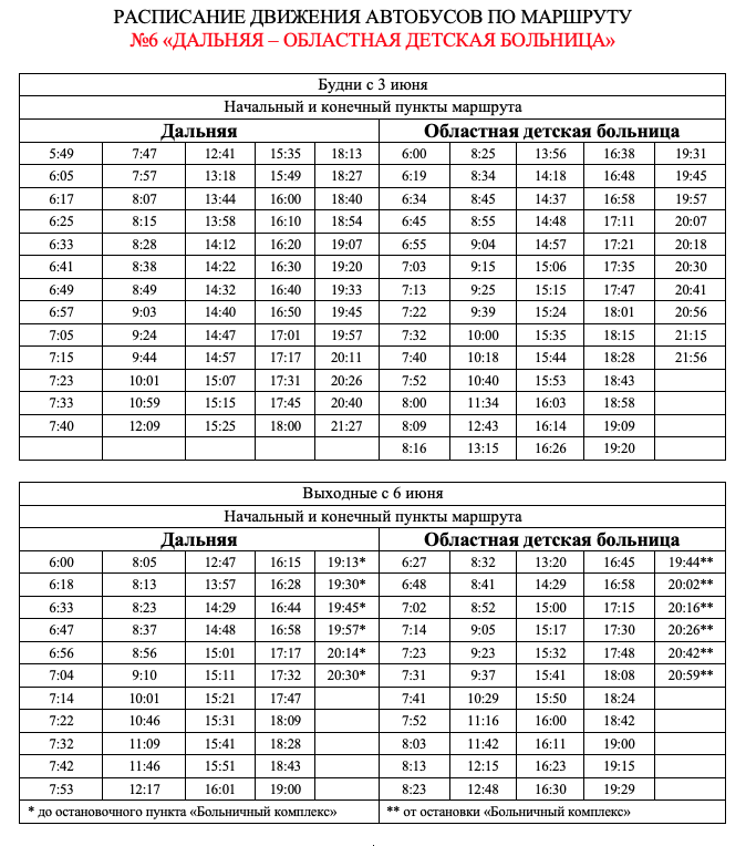 Расписание автобусов первого маршрута