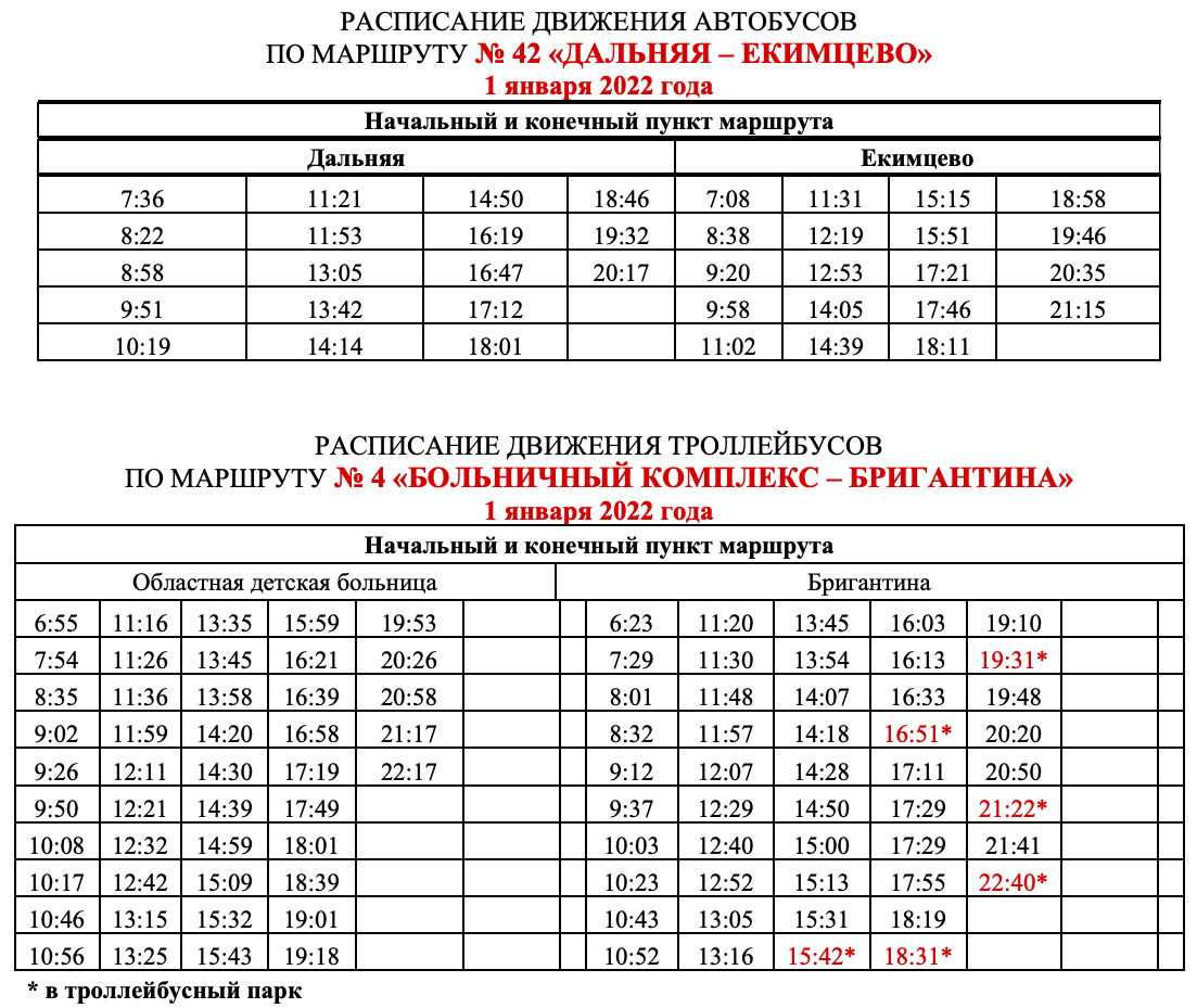 Расписание автобусов на 1 января 2022